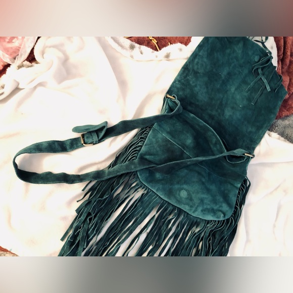 Highly sought after RAJ suede crossbody w/chevron front beading & fringe trim. - Picture 6 of 14